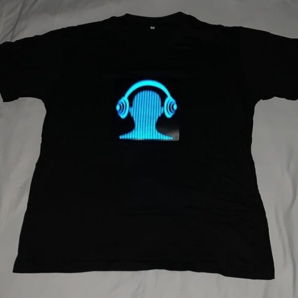 Blue Headphones EL Flashing Sound Activated LED Light Up T-Shirt Size Large - Picture 1 of 9
